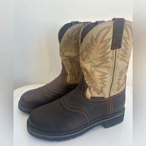 EUC Justin Women’s Waterproof Workboots Brown and Tan Western Round Toe